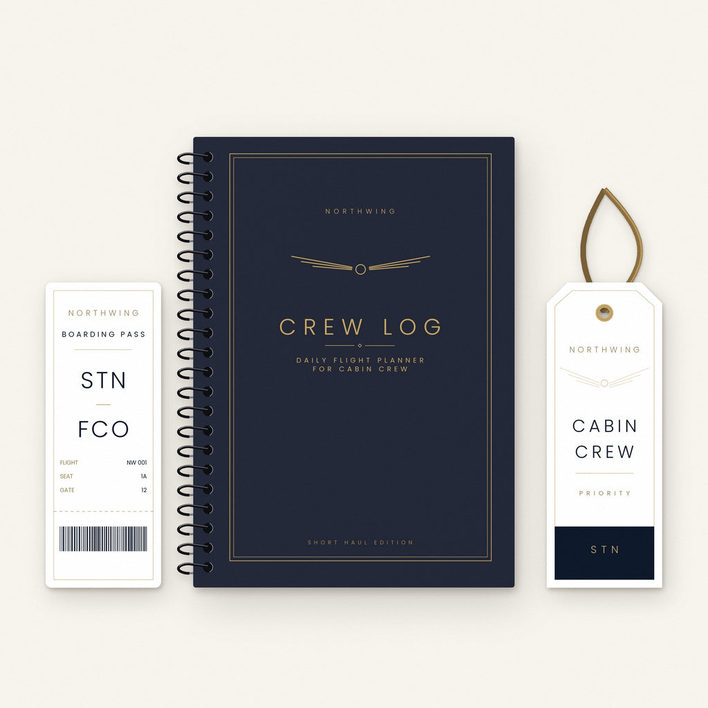 Northwing Crew Log spiral notebook with boarding pass and cabin crew luggage tag