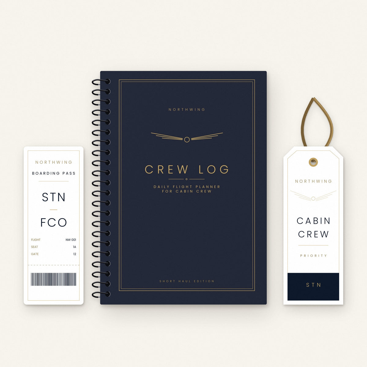 Northwing Crew Log spiral notebook with boarding pass and cabin crew luggage tag